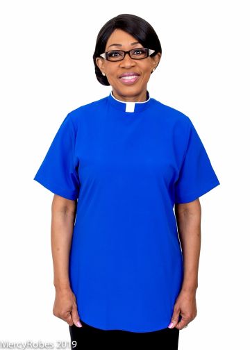 Womens Short Sleeves Fabric Tab Clergy Blouse (Royal Blue) 01