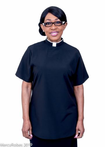 Womens Short Sleeves Tab Clergy Blouse (Black) 01