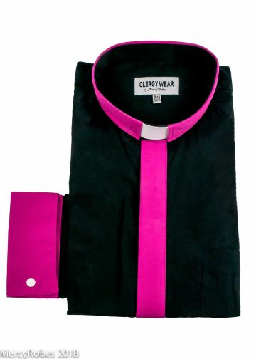 Two Tone Long Sleeve French Cuff Tab (Black/Fuchsia Placket)