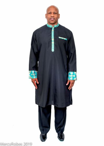 Mens Clergy Kurta Style K-7492 (Black/Green-Gold LT)