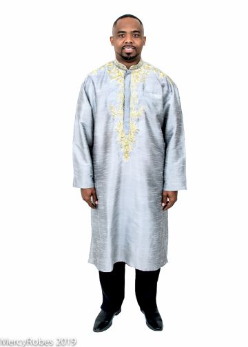 Mens Clergy Kurta Style K-7503 (Silver Grey/Gold)