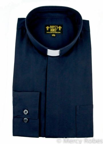 Mens Long Sleeve Standard Cuff Tab Collar Clergy Shirt (Navy Blue)