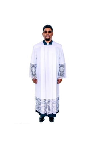 Mens White Long Alb Surplice With Ihs Lace