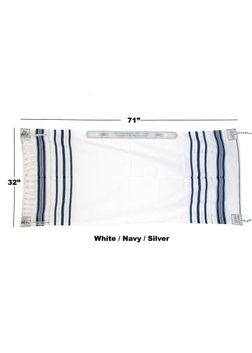 Prayer Shawl (White/Navy/Silver) 71" X 32"