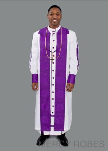 Mens Clergy Robe Style Exd185 Exclusive (White/Purple Liturgical) With Chimere