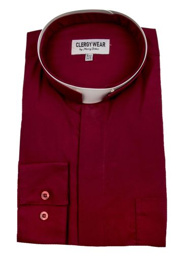 Mens Long Sleeve Tonsure Collar Clergy Shirt (Burgundy)