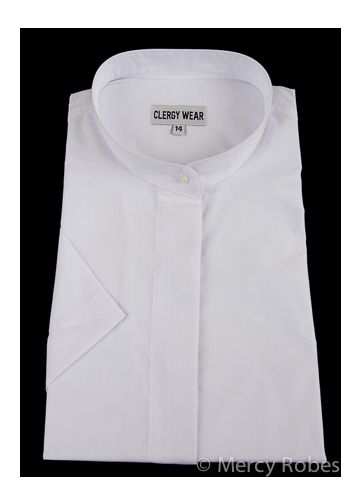 Womens Short Sleeves Full Collar Clergy Shirt (White)