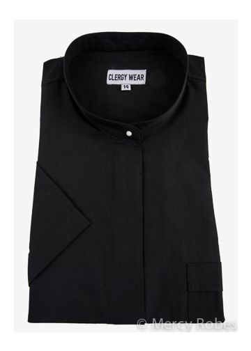 Womens Short Sleeves Roman Collar Clergy Shirt (Black)