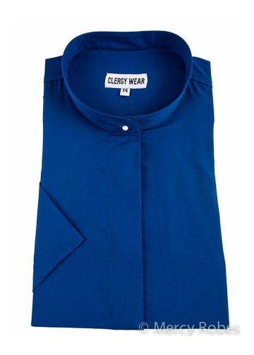 Womens Short Sleeves Full Collar Clergy Shirt (Royal Blue)