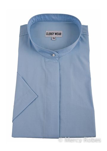 Womens Short Sleeves Full Collar Clergy Shirt (Light Blue)